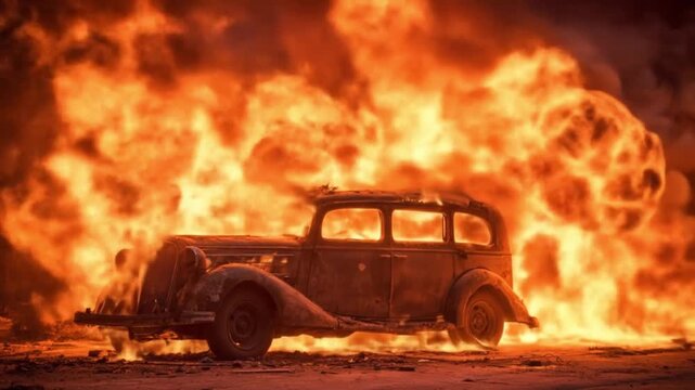A vintage car sits abandoned as fierce orange flames engulf the scene, smoke curling around glow.!!!