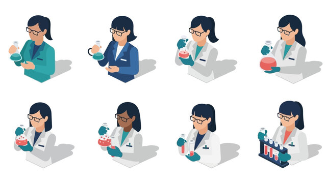 Diverse scientists conducting experiments in isometric style with lab