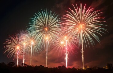 Night sky illuminated by colorful fireworks displays. Explosions of light spread out above dark treeline. Celebration bursts create dazzling patterns in the dark.