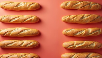 Golden brown baguettes arranged on coral surface. Bread loaf with crusty exterior and soft crumb. Bakery staple for meals, snacks, sandwiches, and culinary themes.