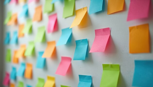 Many colorful sticky notes are pinned on a white wall. They have messages for planning ideas and tasks. This visual represents brainstorming and teamwork.