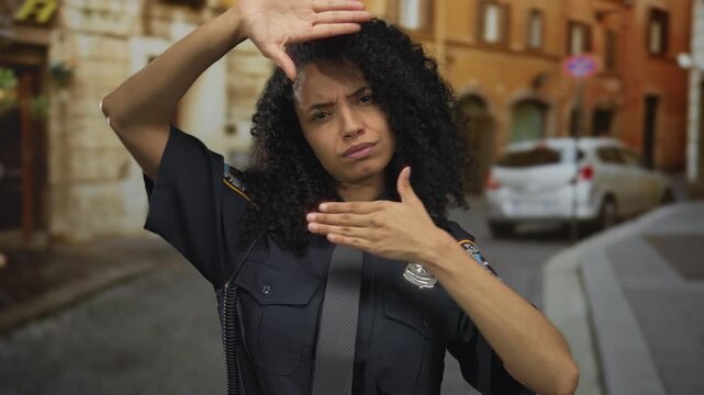 Young hispanic woman in police uniform frames her face with hands in a street setting; confidence and vision.