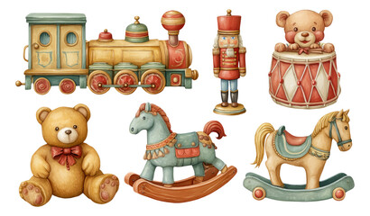 Vintage Toy Collection Featuring Train, Bear, Nutcracker, Horse, Drummer and Drum