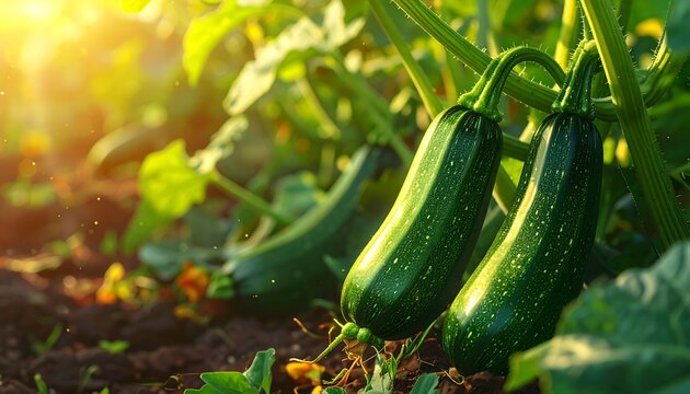 Close-up shot showcasing fresh zucchini growing in a lush vegetable garden