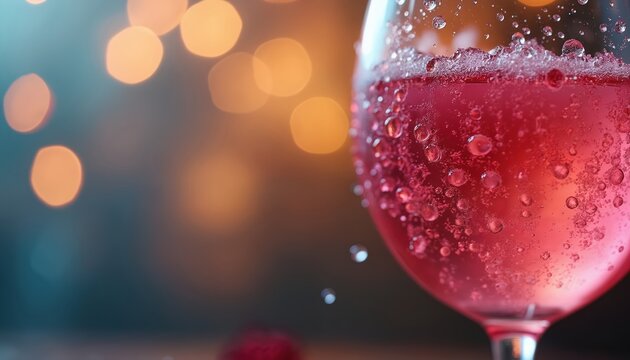 Chilled pink beverage in glass. Bubbles rise in cold drink with condensation. Soft bokeh lights in background create festive mood for celebration.
