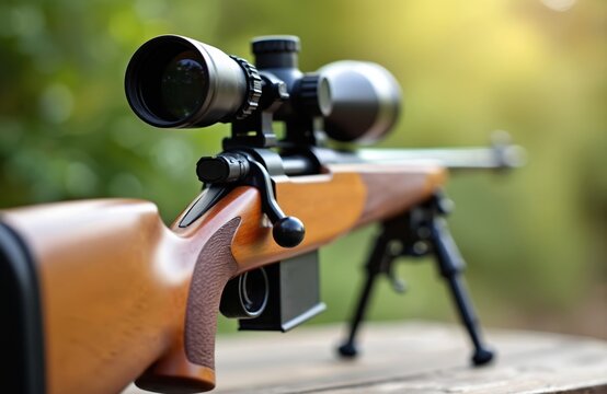 Precision bolt action rifle with scope and bipod rests on wooden surface. Outdoor green foliage bokeh background, hunting gear, long range shooting tool.