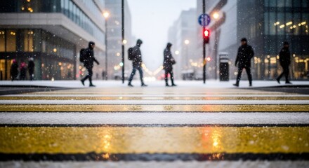 Obraz premium Man and woman walking on a snowy crosswalk in a city during winter. Urban people commuting on a cold, winter day.