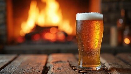 Glass of cold amber beer with foam sits on rustic wooden table near glowing fireplace. Bubbles rise in drink, warm fire burns in hearth, creating cozy atmosphere for evening relaxation, refreshment.