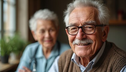 Elderly smiling couple, man wears glasses and mustache, woman in background. Senior people share life moments together. Cherishing companionship, love, enduring relationships, happy old age.