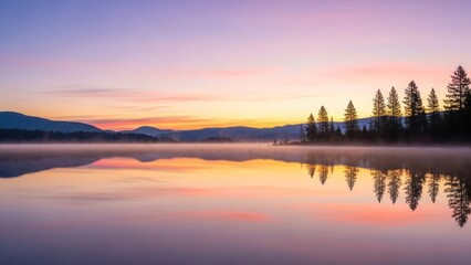 Tranquil sunrise over lake and forest with reflective water