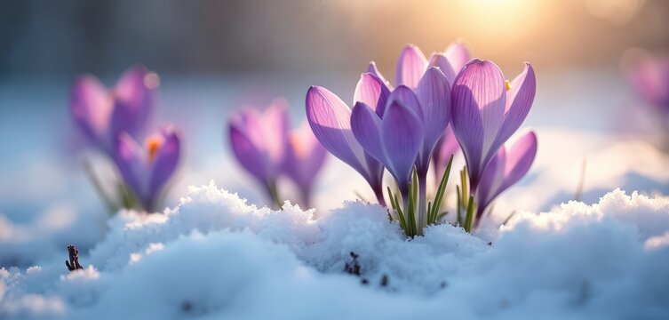 Purple crocuses emerge from snow in early spring light. Delicate violet flowers bloom through white winter ground cover. New life signifies season change. Gentle sun rays warm the ground.