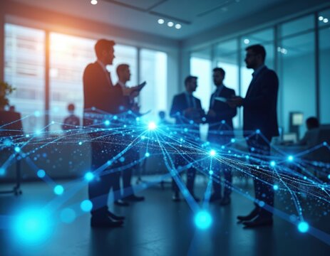 Business team in office collaborates near glowing data network. Professionals discuss project, analyze digital information, build future tech. Teamwork, cyber security, global connection key elements. - Powered by Adobe