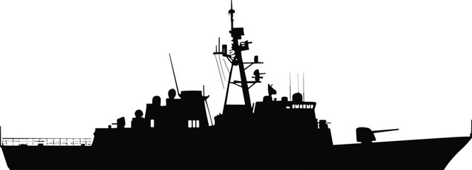 Black Silhouette of a Modern Naval Warship Destroyer with Radar Antennas and Artillery Systems Isolated on White Background for Military and Maritime Design © ASH Labs