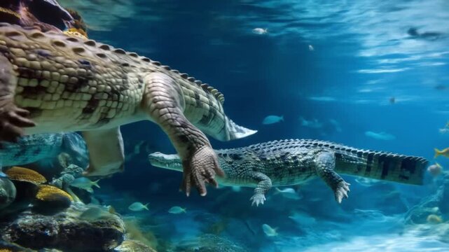 Two armored crocodiles glide through azure water past rocky reefs, watched by many tiny fish