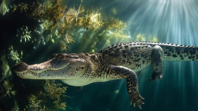 Underwater crocodile glides through turquoise light, seaweed sways, sunlight beams trail peacefully