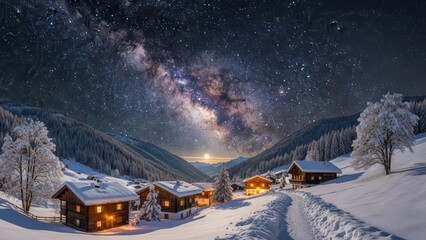 Snow covered houses under a stunning milky way sky
