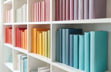 White bookshelves filled with rows of books sorted by color. Different colored book spines create a vibrant rainbow gradient on display. Organized literature and novels fill home library shelves.