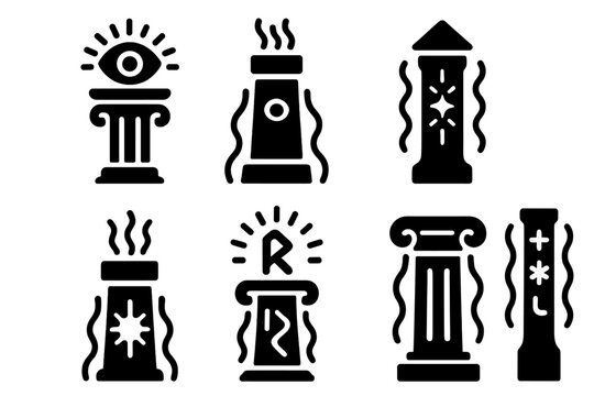 Mystical Pillar Icons. Solid style icons of pillars receiving visions through osmosis: luminous oracle pillar, vision-absorbing