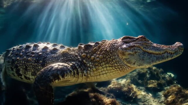 Sunlit crocodile glides underwater, armored scales glimmer over rocks and waving flora. Quiet still