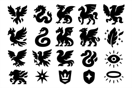 Celestial Creature Icons. Solid style icons of Celestial Creatures: phoenix, dragon, griffin, pegasus, firebird, serpent, wyvern,