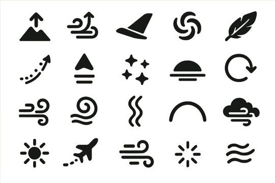 Atmospheric Flight Icons. Solid style icons of Atmospheric Flight: updraft wave, air current, wing line, spiral wind, feather