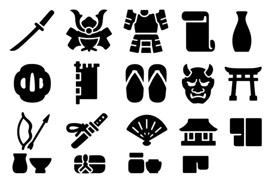 Samurai Culture Icons. Solid style icons of Samurai Culture: katana, kabuto helmet, samurai armor, scroll, tsuba guard, banner