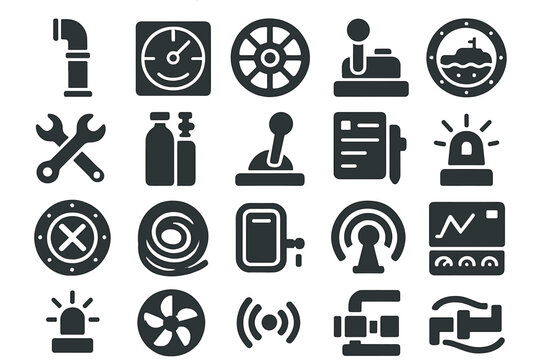 Submarine Lab Icons. Solid style icons of Submarine Laboratory: periscope, sonar screen, metal valve, porthole view, wrench set,