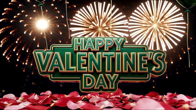 Valentine's Day Fireworks | Bold Green-Gold Text, Sparkling Night Sky & Rose Petals | Festive Romantic Celebration Visuals