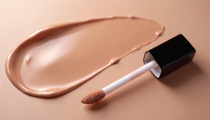 Beige liquid foundation smudge with applicator wand on neutral background. Makeup showing creamy texture, skin tone coverage for beauty and cosmetic ads.