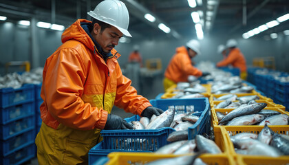 Fish market worker sorts fresh catch in crates. Man in protective gear works with seafood on a processing line. Industry professionals handle raw fish in boxes.