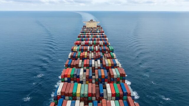 Giant Container Ship Sailing Open Ocean Full of Cargo Containers Global Shipping Logistics.