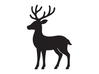 Obraz premium Black silhouette of standing deer with antlers, isolated on white background. concept of wildlife, forest animal, nature, icon, logo, design element, silhouette art