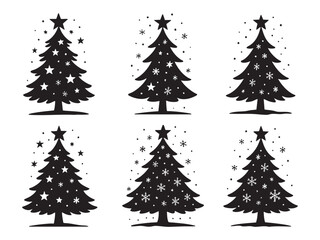 Obraz premium SET - Black silhouettes of christmas trees with star toppers and snowflakes, isolated on white background. concept of holiday, winter decor, festive decoration, seasonal design, icons