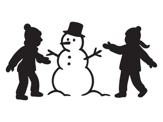 Black silhouette of children playing with snowman on white background, winter icon. concept of holiday fun, seasonal activity, childhood joy, wintertime, festive scene