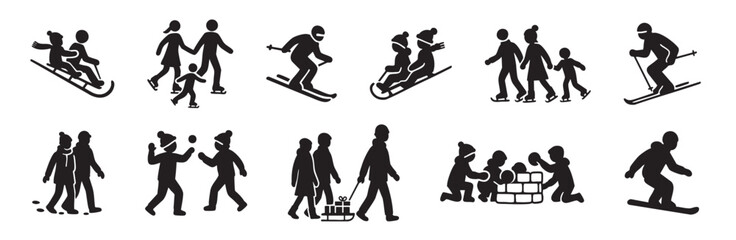 Obraz premium SET - Black silhouettes of winter activities featuring skiing and sledding families, isolated on white background. concept of outdoor fun, cold weather, seasonal sports, holiday spirit