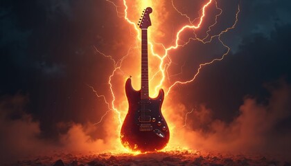 Electric guitar erupts with fiery energy amidst a dramatic lightning storm. Powerful sound symbol captured in intense visual, representing passion and raw musical force.