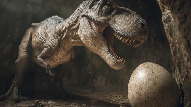 Two hatchling dinosaurs in a shadowy cave confront a giant speckled egg, jaws open. under dim light