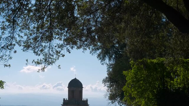 Revealing siena's historic bell tower through trees. Downward camera movement revealing the bell tower of the basilica of san clemente in santa maria dei servi in siena, tuscany, framed by green trees