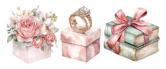 Romantic Surprise Concept in Soft Pastel Watercolor Style with Gifts and Flowers