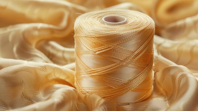 Video A spool of thread sits on a piece of cloth, ready for use in sewing or crafting