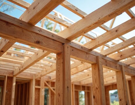 Wooden frame beams forming new house structure. Building progress with timber joists, studs, and rafters against blue sky. Residential construction site work.