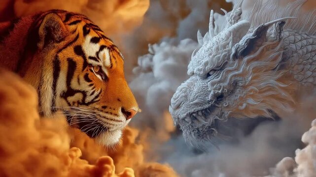 A fierce tiger and a majestic blue dragon converge amid vivid orange smoke and cool, swirling misty!