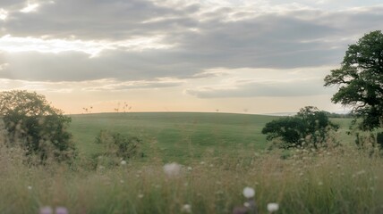 Serene landscape reveals a vast green meadow under a cloudy sky at dusk, where scattered wildflowers and trees create a peaceful and natural vista.