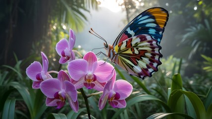A vibrant butterfly gracefully perches on delicate pink orchid blossoms, its wings showcasing intricate patterns against a backdrop of lush green foliage and sunlight.
