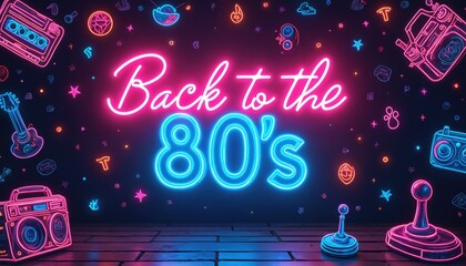 Neon sign says Back to the 80s surrounded by retro items like boomboxes, cassette tapes, guitars, and joysticks. Bright, colorful lights create a nostalgic atmosphere for parties and events.