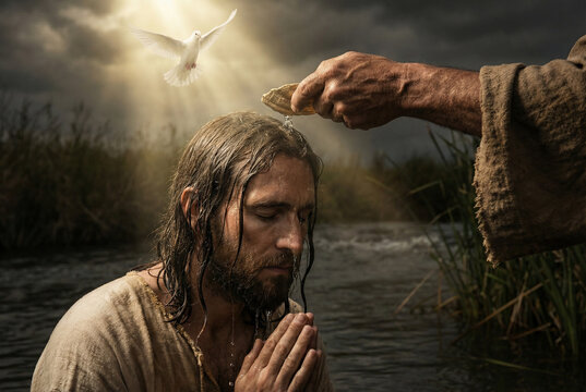 Baptism of Jesus Christ. John the Baptist pouring water on Jesus' head in the River Jordan with Holy Spirit Dove and divine light
