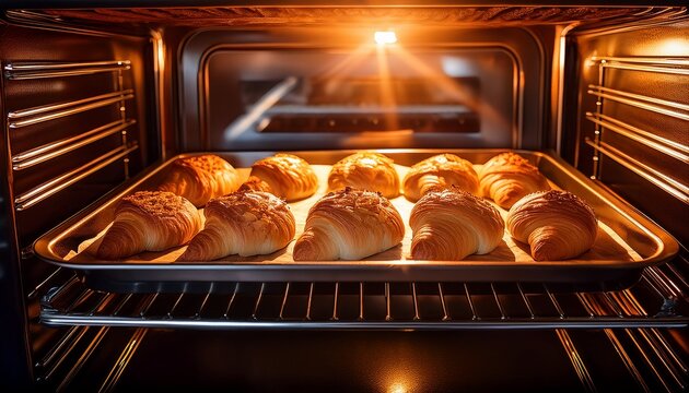 baking delights a close up view inside an oven showcasing a tray of delectable golden brown pastries in the warm inviting glow of the interior light a culinary scene