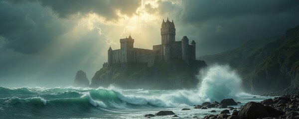Ancient stone castle stands on a rocky cliff overlooking a stormy sea. Large ocean waves crash against the shore. Dramatic sky with sunlight breaking through clouds adds to the rugged atmosphere.