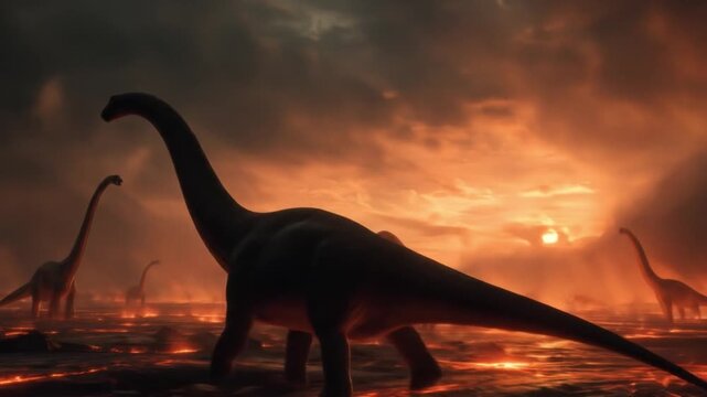 Distant sauropods roam a lava-lit plain beneath a fiery, smoky sunset; silhouettes echo ancient myth