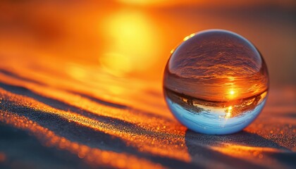 Glass sphere reflects fiery sunset hues on sandy beach. Ocean waves and sun glow in orb. Orange, yellow, blue colors blend on surface. Abstract art, macro view.